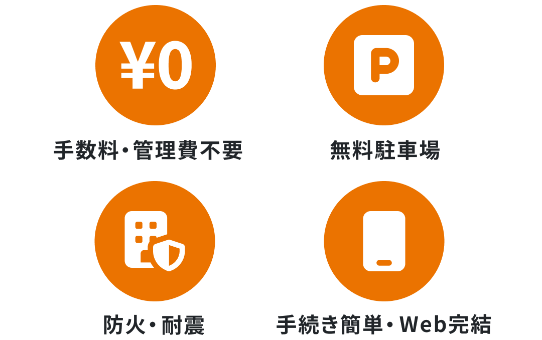 手数料・管理費不要 無料駐車場 防火・耐震 手続き簡単・Web完結